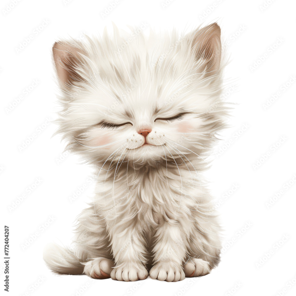 Sleepy kitten with eyes closed and a fluffy white coat, embodying peace and tranquility
