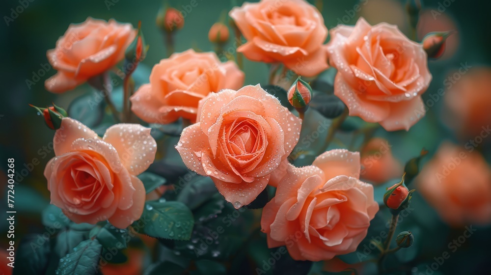 A macro photo of orange roses with droplets of water on their petals and green foliage on their stems A macro photo of orange roses with droplets of water on their petals and green foliage on their stems