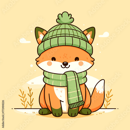 Fox with scarf and hat in winter
