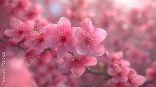  many bright pink blossoms on a tree branch, illuminated by soft sunlight