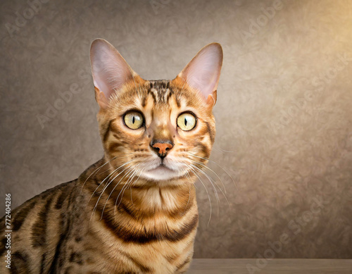 Bengal cat in portrait brown animal looking with pleading stare with copy space for advertizing text