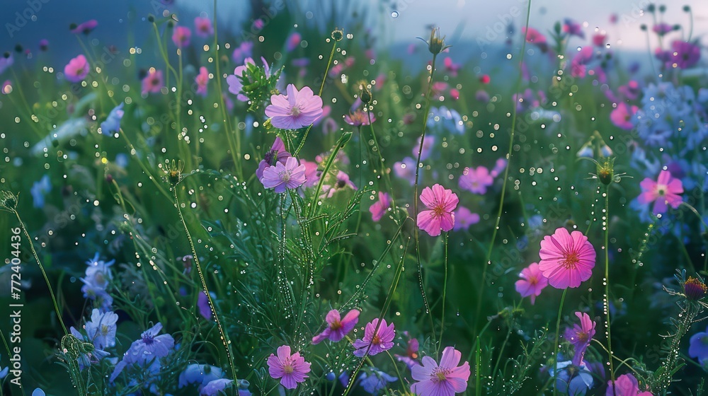 A magical scene unveiling cosmos flowers with glittering dewdrops amidst lush meadow under a mystic blue haze This image captures the essence of a tranquil, ethereal morning