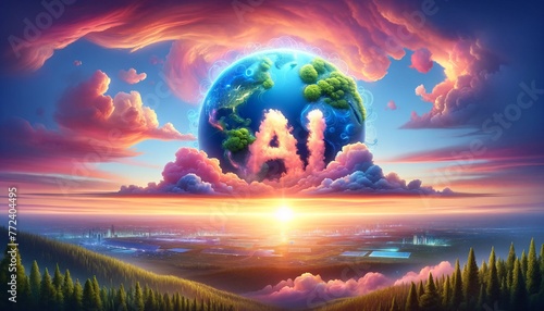 A colorful, abstract painting of a planet with the letters AI on it. The painting has a dreamy, surreal feel to it, with a mix of bright colors and a sense of wonder photo
