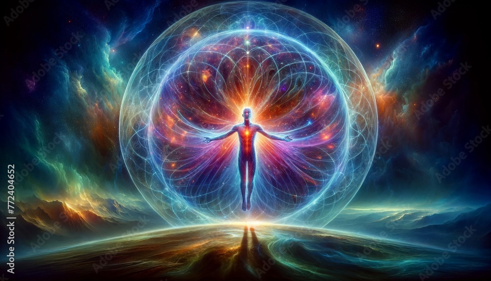 A man is floating in a colorful, glowing orb. Concept of wonder and awe, as if the man is in a dreamlike state or experiencing a spiritual awakening A man is floating in a colorful, glowing orb. Concept of wonder and awe, as if the man is in a dreamlike state or experiencing a spiritual awakening