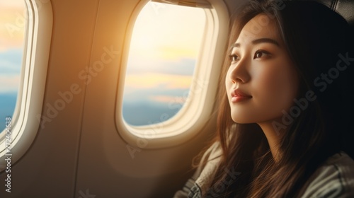 Close-up of a beautiful Asian woman sitting in an airplane seat near the porthole. The concept of travel, Vacation, flight.