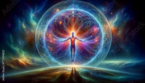 A man is floating in a colorful, glowing orb. Concept of wonder and awe, as if the man is in a dreamlike state or experiencing a spiritual awakening