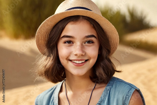 Portrait of teen girl with dimples in retro summer image posing at beige, smiling looking at camera. Stylish pretty teenager with positive emotion. Fashion vintage style concept. Copy ad text space