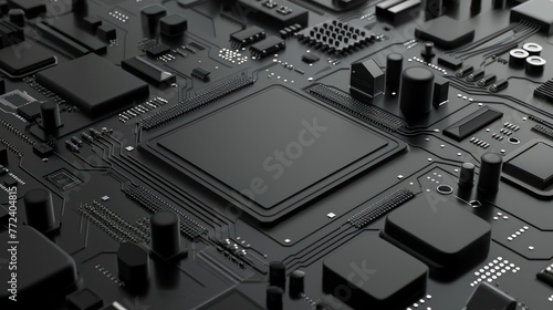An intricate close-up image of a modern black motherboard featuring a central processing unit, various circuits, and other electronic components
