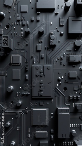 A detailed view of black computer motherboard with an intricate circuit board design featuring various electronic components and connections photo