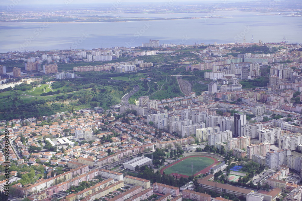 Aerial view of Lisbon, with the Tejo River in the background. Lisbon, Portugal.
