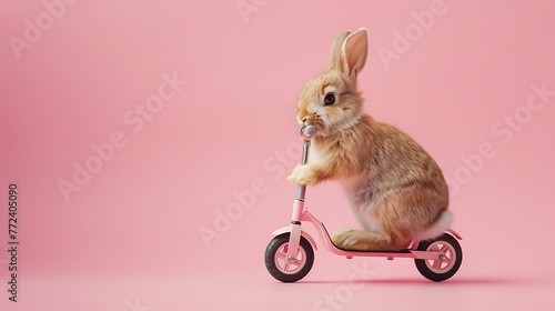 cute rabbit riding scooter on pink background