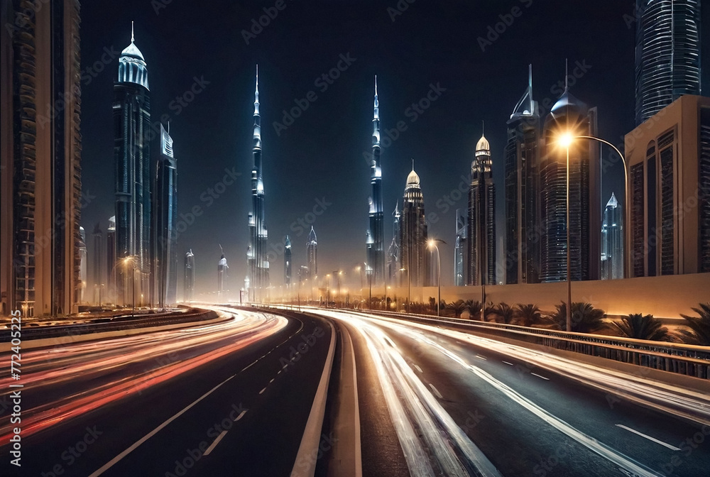 Urban view on night Dubai city highway with cars and street lamps blurred light. Defocused lights, style color tone, design concept. Abstract stylish backgrounds. Copy text space, wallpaper, poster
