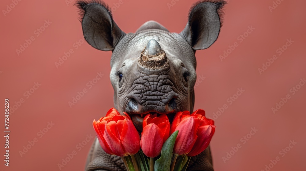  A rhinoceros holding a bouquet of red tulips in its mouth, facing the camera