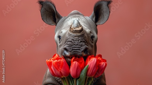  A rhinoceros holding a bouquet of red tulips in its mouth, facing the camera © Nadia