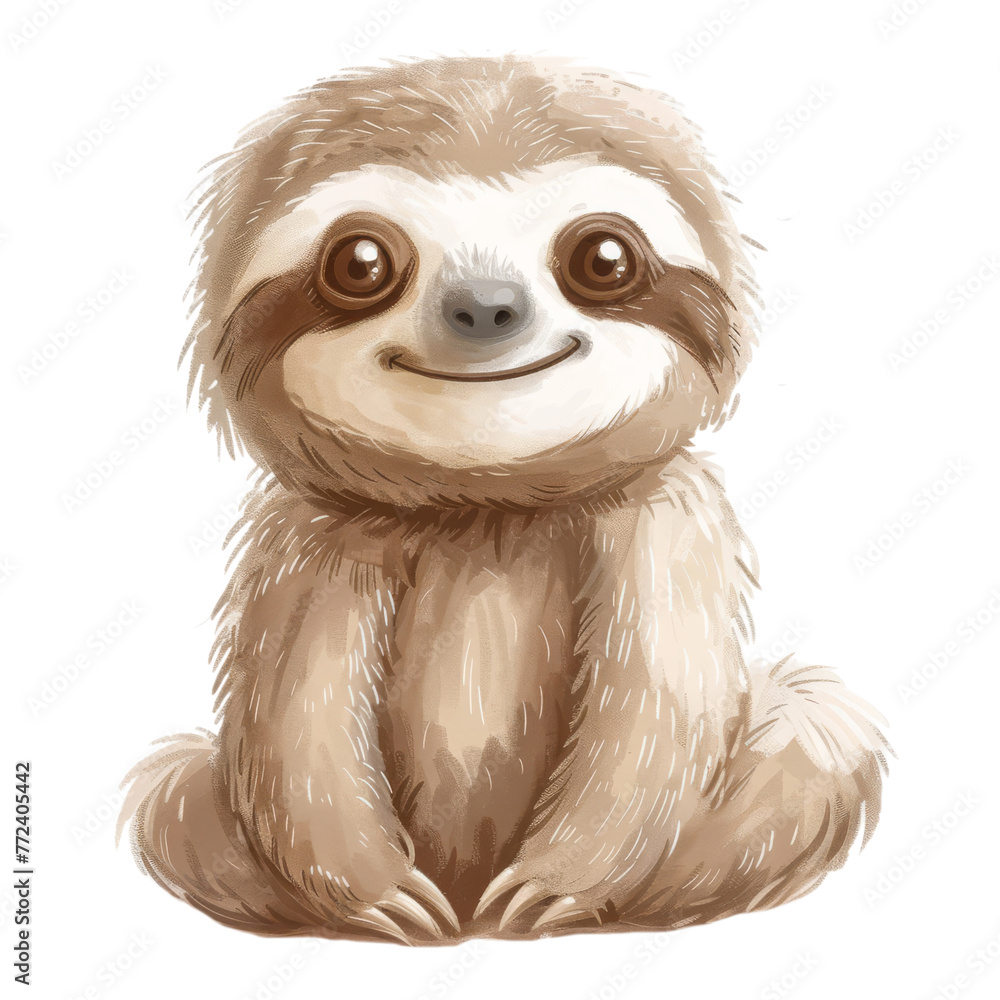 Hand-drawn illustration of a sloth with a charming smile and gentle eyes, sitting calmly and emanating a joyful presence