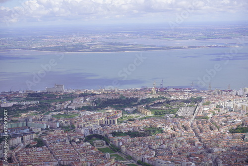 Aerial view of Lisbon, with the Tejo River in the background. Lisbon, Portugal. © guentermanaus