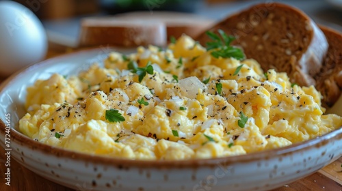 A close-up of a bowl of eggs on a table surrounded by bread and eggs on a plate in the background