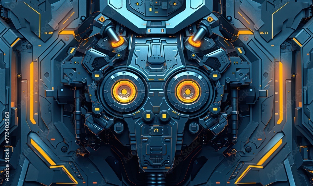 Fototapeta premium This image features a close-up view of an elaborately detailed robot face with blue and orange accents, showcasing symmetry and technological design