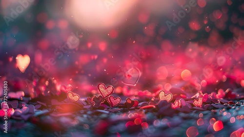 Dynamic dull slope background with hearts shape bokeh