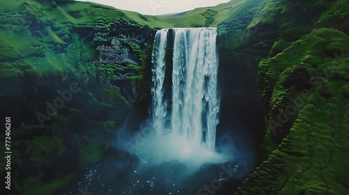 Drone Approach To Amazing Powerfull Waterfall Natural Beauty In Nature Skogafoss