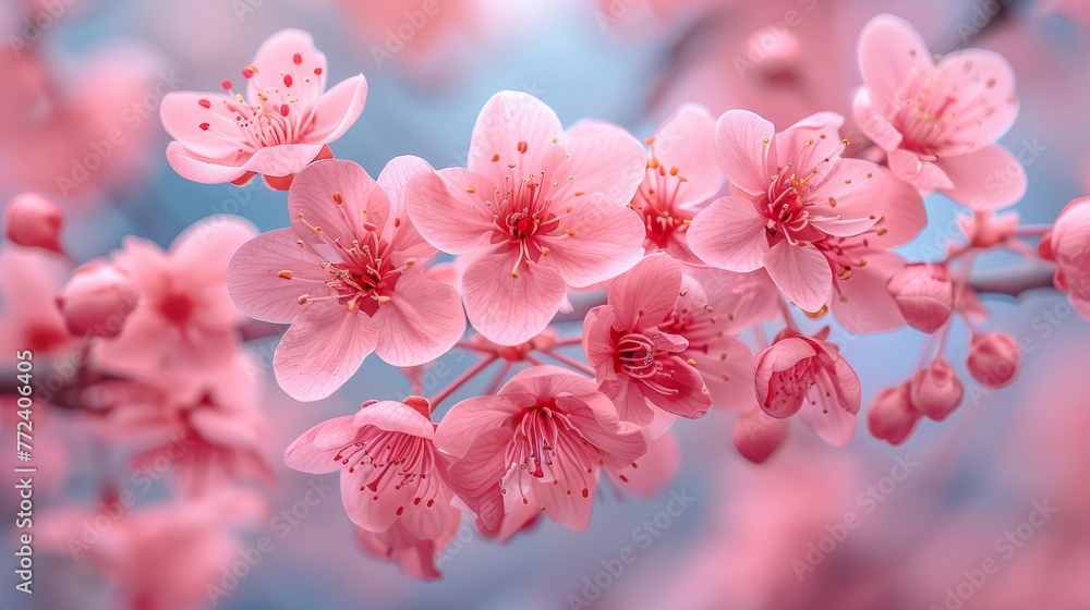 A macro shot of a cherry blossom on a twig with nearby blooms, against a cerulean canvas A macro shot of a cherry blossom on a twig with nearby blooms, against a cerulean canvas