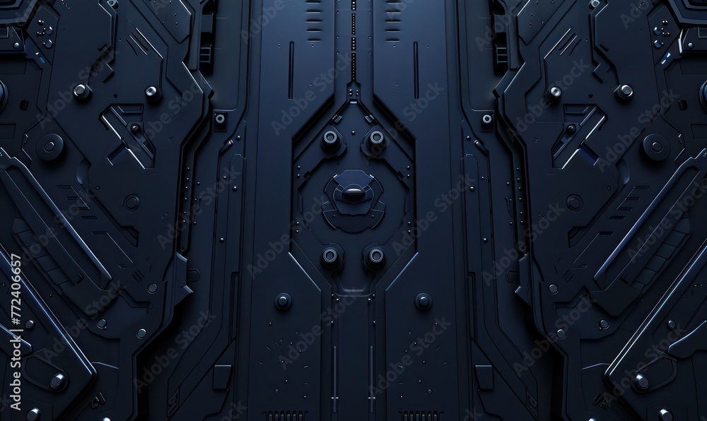 This image showcases a symmetrical, intricate design of a black sci-fi ...
