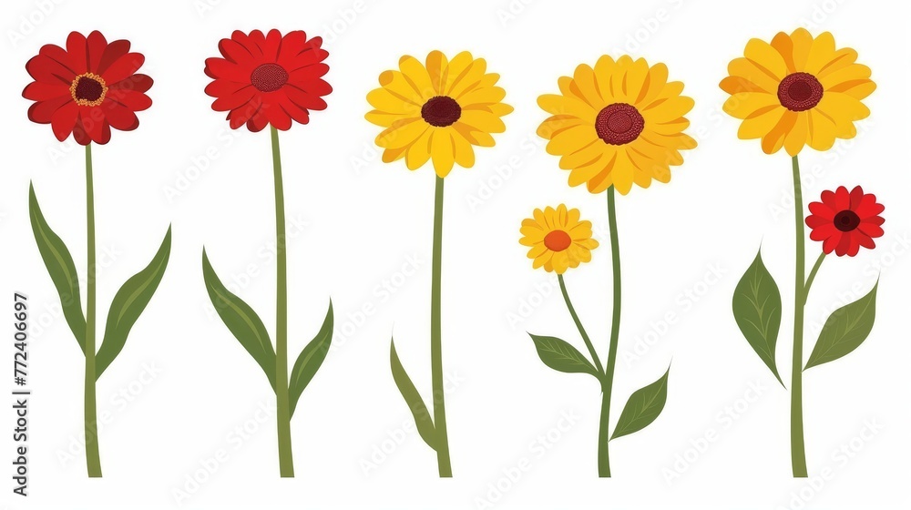 Row of flowers with varying colors and green leaves at base Row of flowers with varying colors and green leaves at base