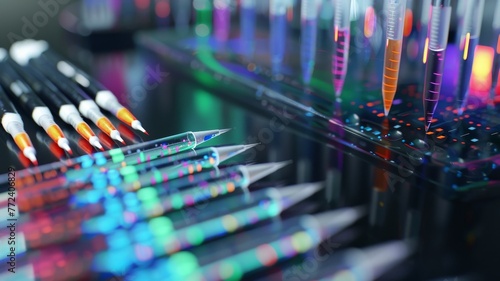 The process of electrophoresis in gel, used in DNA sequencing, visualized with colorful markers hyper realistic photo