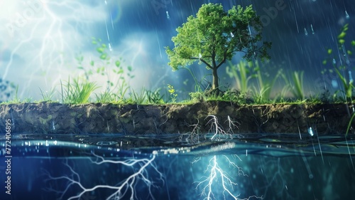 The role of lightning in the nitrogen cycle and its environmental impact, illustrated explanation hyper realistic photo
