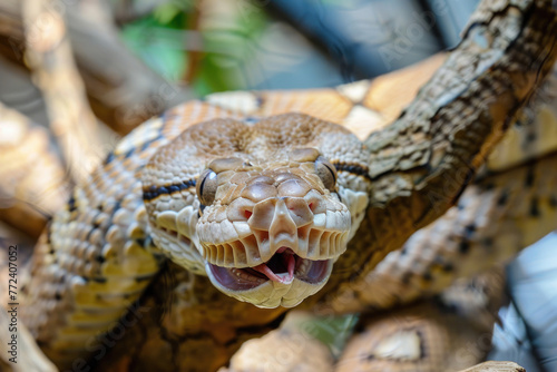 A derpy boa constrictor with a goofy smile and a tongue sticking out