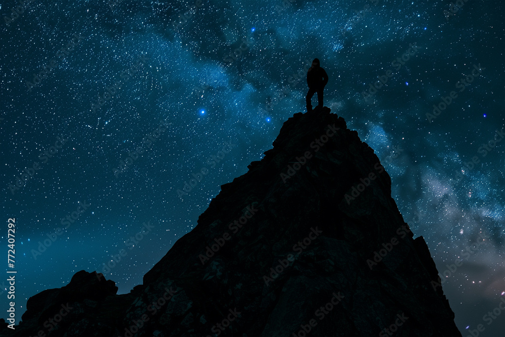 Person Reaching the Top of a Mountain Under a Starry Night Sky Person Reaching the Top of a Mountain Under a Starry Night Sky