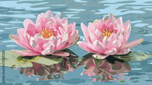  A water lily blooms in the center of the pond, surrounded by green lily pads and other flora