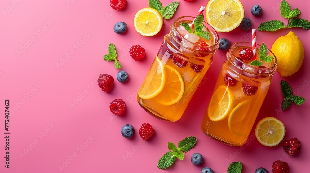  Two jars with lemons, raspberries, and blueberries on pink background