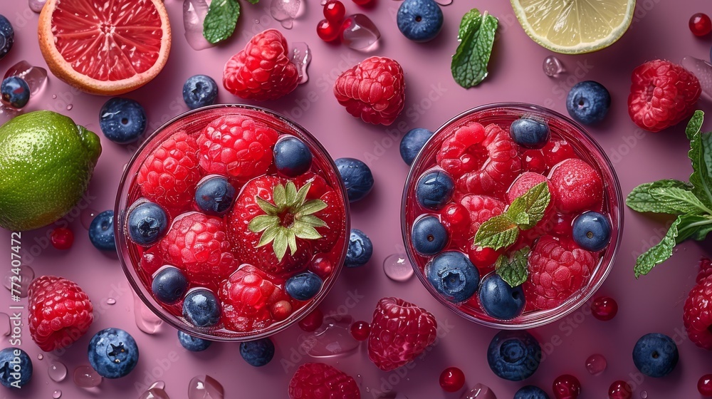 Raspberries, blueberries, limes, and lemons are arranged in bowls on a pink surface Raspberries, blueberries, limes, and lemons are arranged in bowls on a pink surface