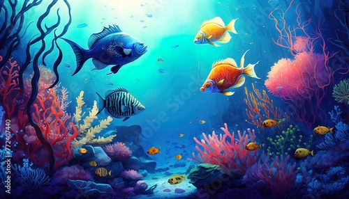Illustration the blue underwater scenery very beautiful Generate AI