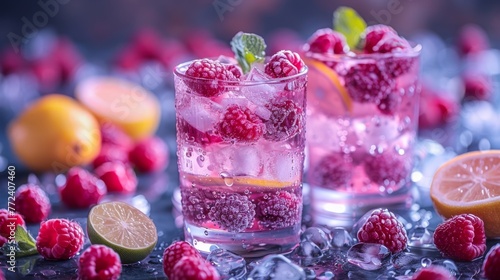  A few glasses filled with ice  garnished with raspberries  lemons  and limes on a table