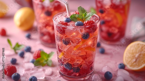  A zoomed-in image of a drink in a glass filled with ice, surrounded by berries, lemons, and mint on a table