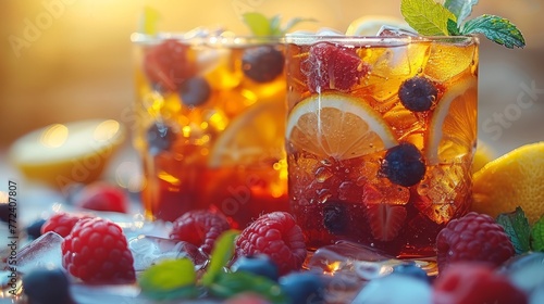  Two glasses of drinks with fruit on their rims and mint leaves adorning the edges are depicted in a close-up
