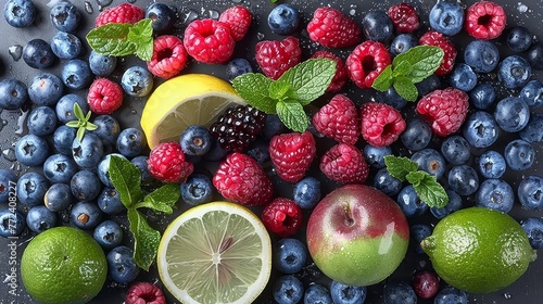  Berries  lemons  raspberries  and limes are arranged on a black surface