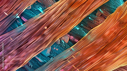Microscopic view of muscle fibers, illustrating the striations and molecular structure no splash