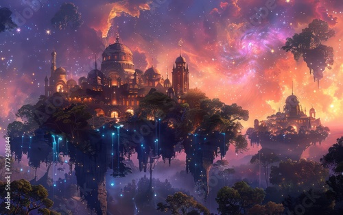A floating island, lush with greenery, is set against a vibrant nebula, with towers and domes blending into the cosmic environment. Bioluminescent plants and magical runes further enrich the mystical 