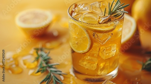  A refreshing drink featuring a glass of lemonade garnished with fresh rosemary, and a lemon slice placed beside it