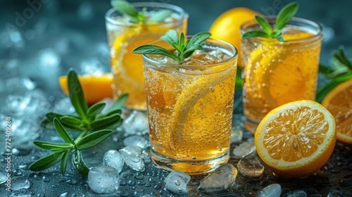  Lemonade in glass bottles, surrounded by orange slices and sage leaves on a silver surface with ice and water droplets (41 tokens