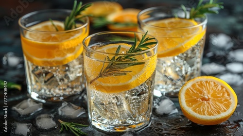  Three glasses of water with orange slices & rosemary sprigs