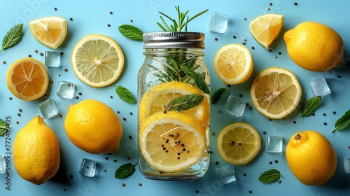  A jar of lemons and mint in ice on a blue background