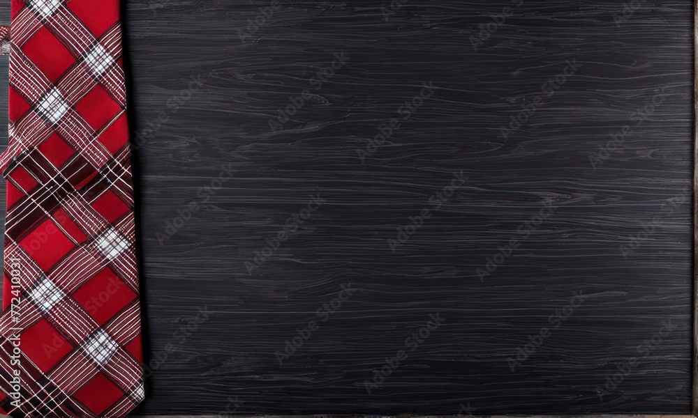 Fototapeta premium Father's Day poster or banner, Top view on men's fashionable dark striped tie on rustic dark wood background. The concept of Fathers Day greeting card, copy space. Greetings for Father's Day.