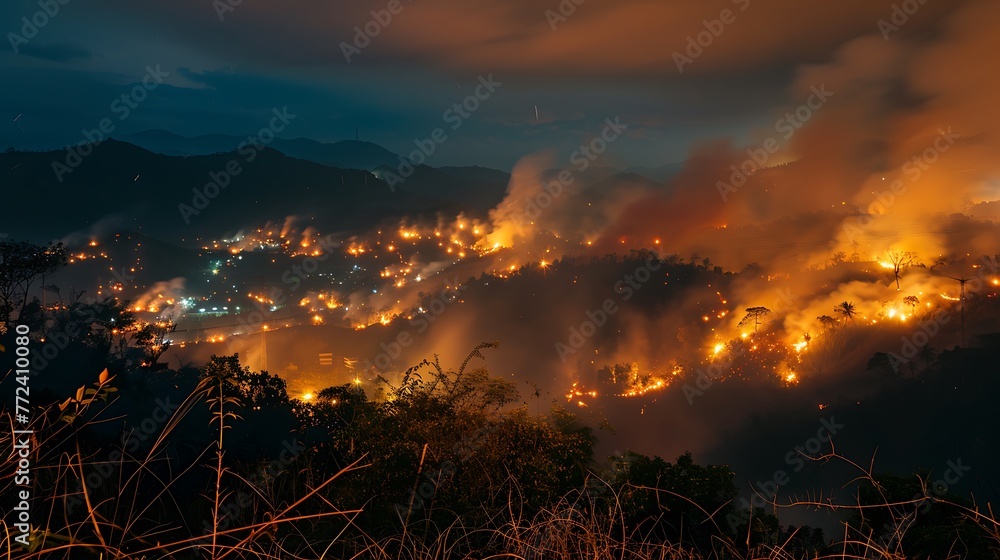 Forest fire wildfire at night time on the mountain with big smoke in chiang mai