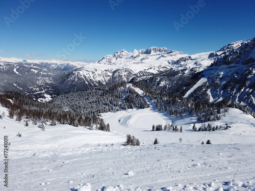 Panoramic Winter Landscape mountain Fir-Trees Fresh snow covered mountain slopes and pistes sunny day. Blue sky background