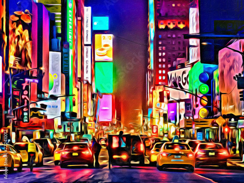 Fotografi New York City USA artistic painting on canvas Yellow taxis and traffic at times
