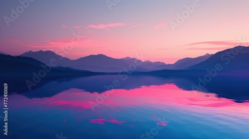 A serene dusky scene unfolds with shades of purple and pink reflecting over the calm waters against a mountain silhouette